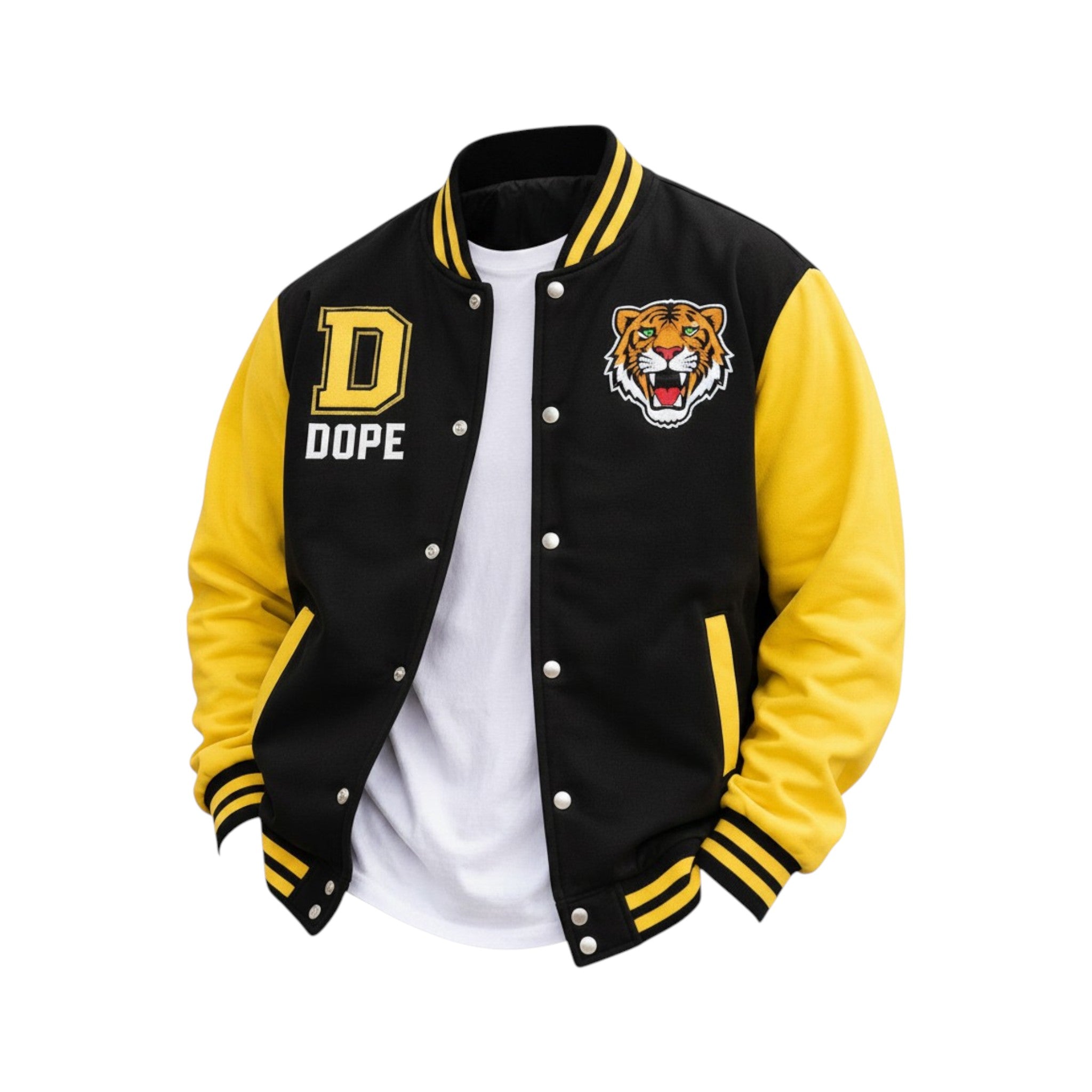Black and yellow varsity jacket with a tiger logo and 'Dope' text on a white background