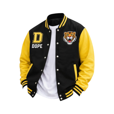Black and yellow varsity jacket with a tiger logo and 'Dope' text on a white background