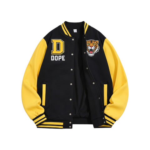 Black and yellow varsity jacket with 'Dope' and tiger logo on a white background