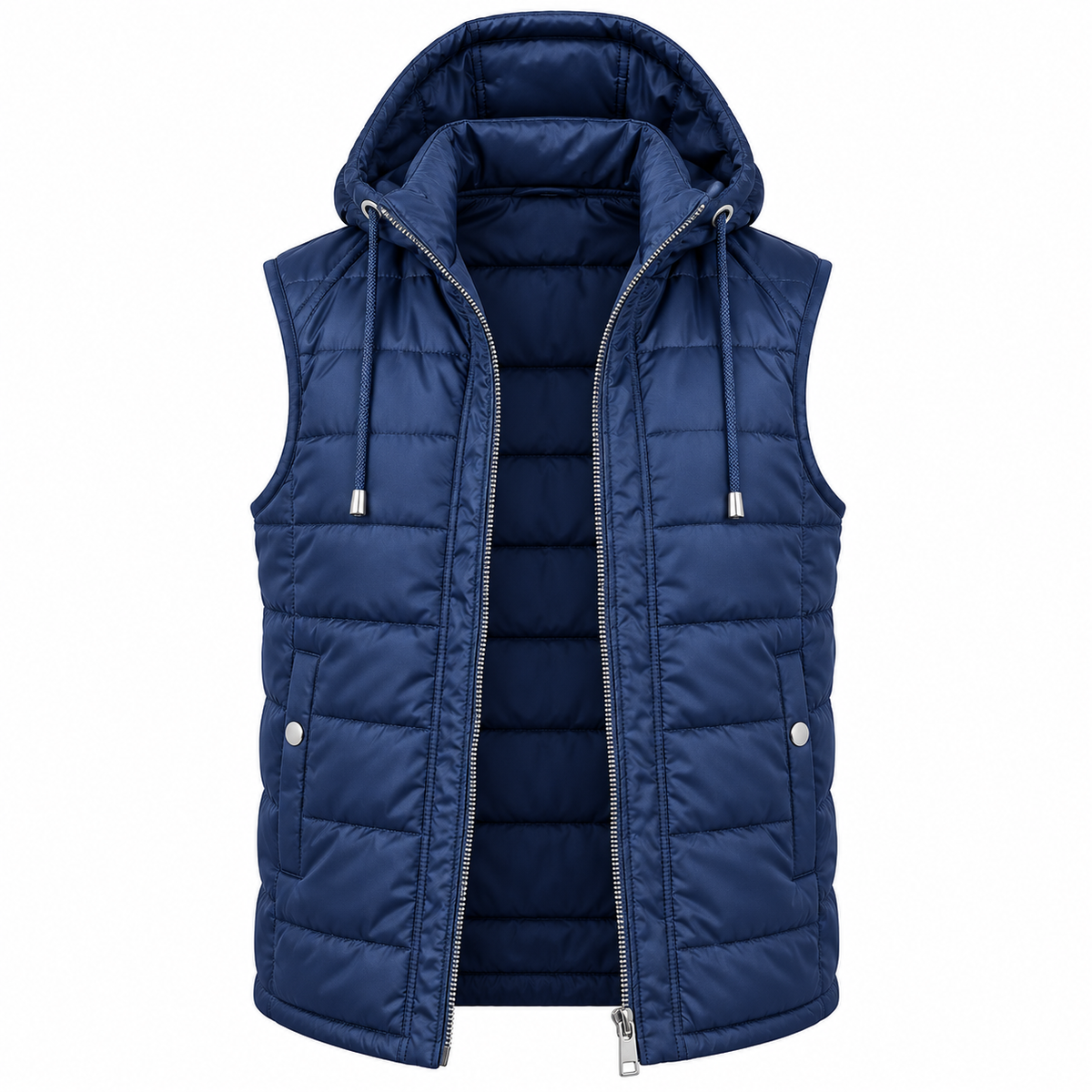 A navy blue hooded puffer vest with a front zipper and drawstrings, shown on a plain white background.