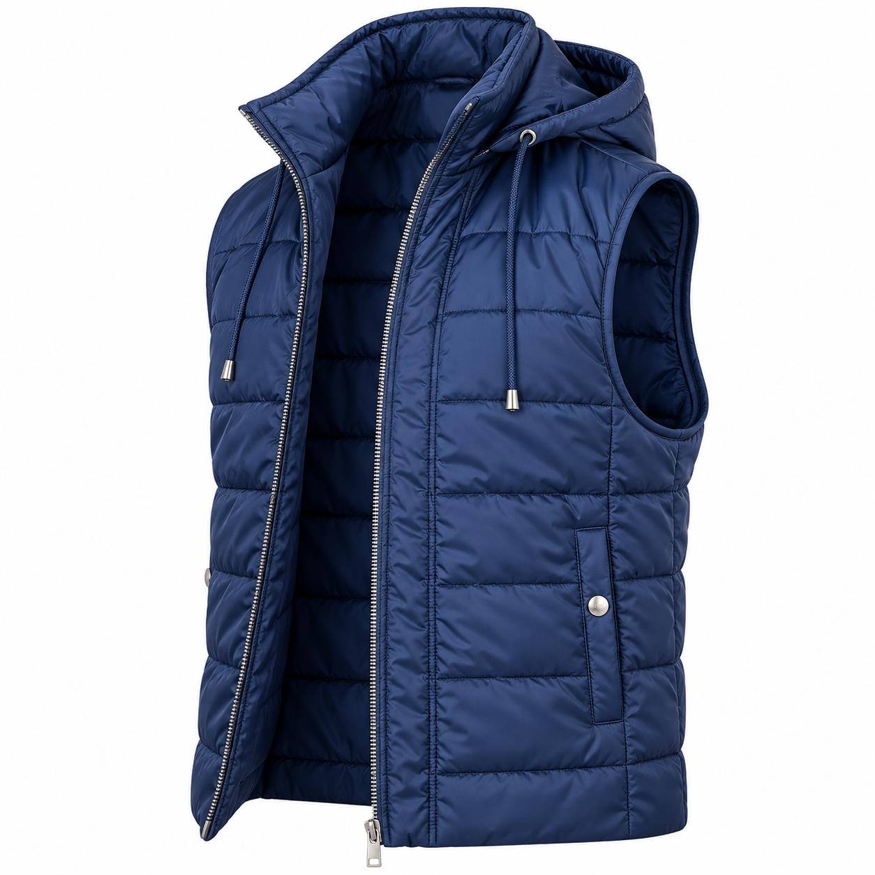 A navy blue hooded puffer vest with a full front zipper, horizontal quilted stitching, and a drawstring hood, shown on a plain white background.