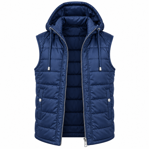 A navy blue hooded puffer vest with a front zipper and drawstrings, shown on a plain white background.