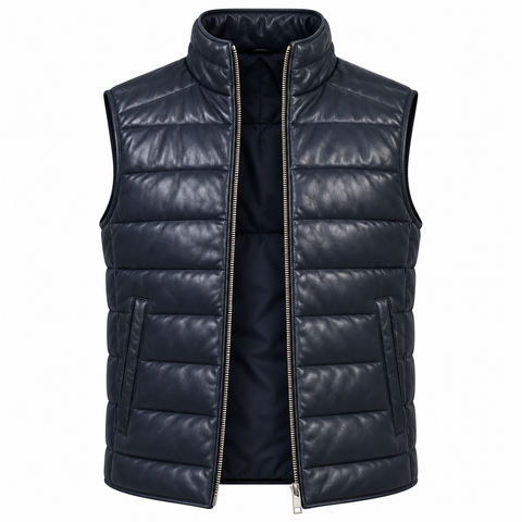 Men’s Blue Sheepskin Leather Puffer Vest | Quilted Vest