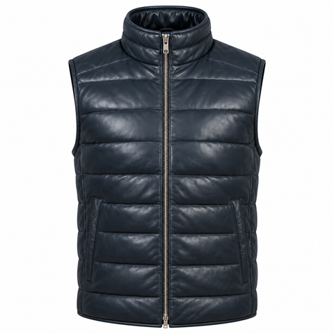 Men’s Blue Sheepskin Leather Puffer Vest – Quilted Winter Vest