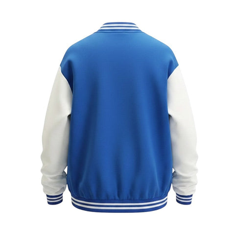 Fit to lead Traders blue and white varsity bomber jacket with contrast sleeves and ribbed details.