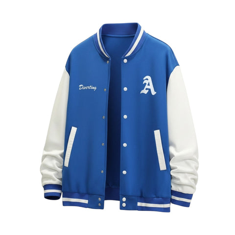 Fit to lead Traders blue and white varsity bomber jacket with snap buttons, ribbed collar, cuffs, and waistband. Features embroidered 'A' and 'Diverting'.