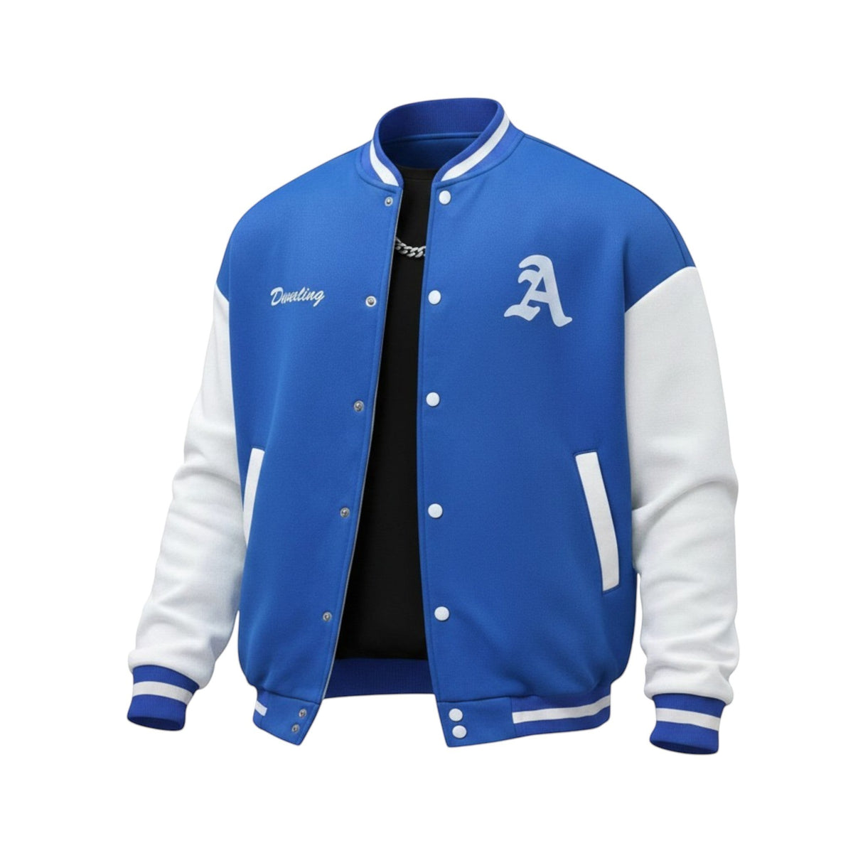 Fit to lead Traders blue and white varsity bomber jacket with snap buttons, ribbed collar, cuffs, and waistband. Features embroidered 'A' and 'Dwelling'.