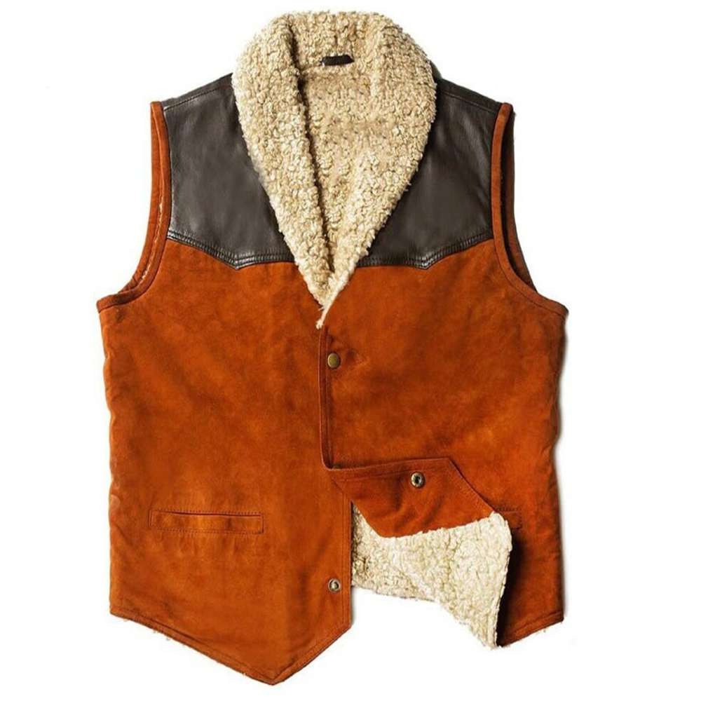 A men's western-style vest made of rust-brown suede and dark brown leather, featuring a thick cream sherpa fleece collar and lining.