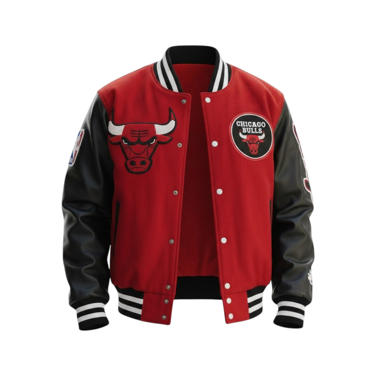 Red and black varsity jacket with Chicago Bulls logo on a white background