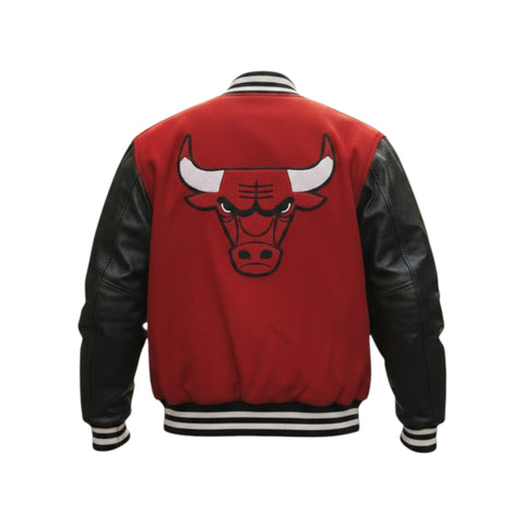 Red and black letterman jacket with a bull logo on the back, on a white background
