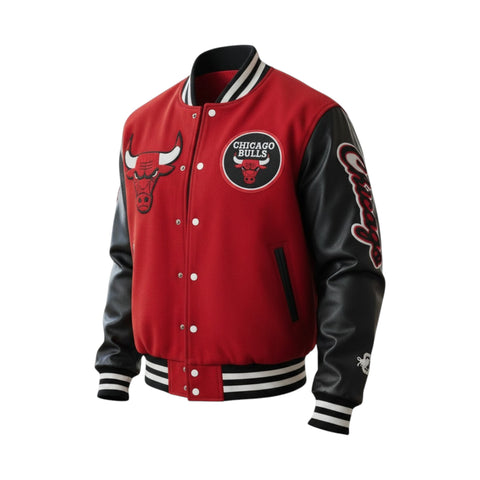 Red and black varsity jacket with Chicago Bulls logo on a white background