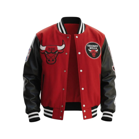 Red and black varsity jacket with Chicago Bulls logo on a white background