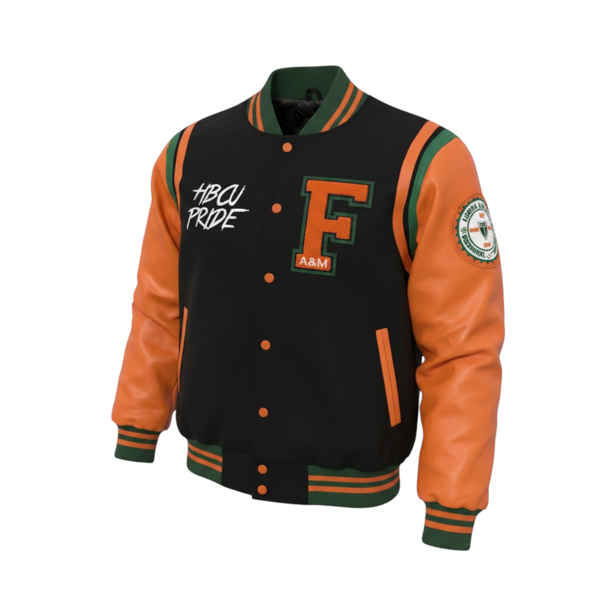 Black and orange varsity jacket with 'HBCU Pride' and 'F' logo on a white background
