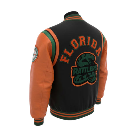 Black and orange varsity jacket with 'Florida Rattlers' text and logo on a white background