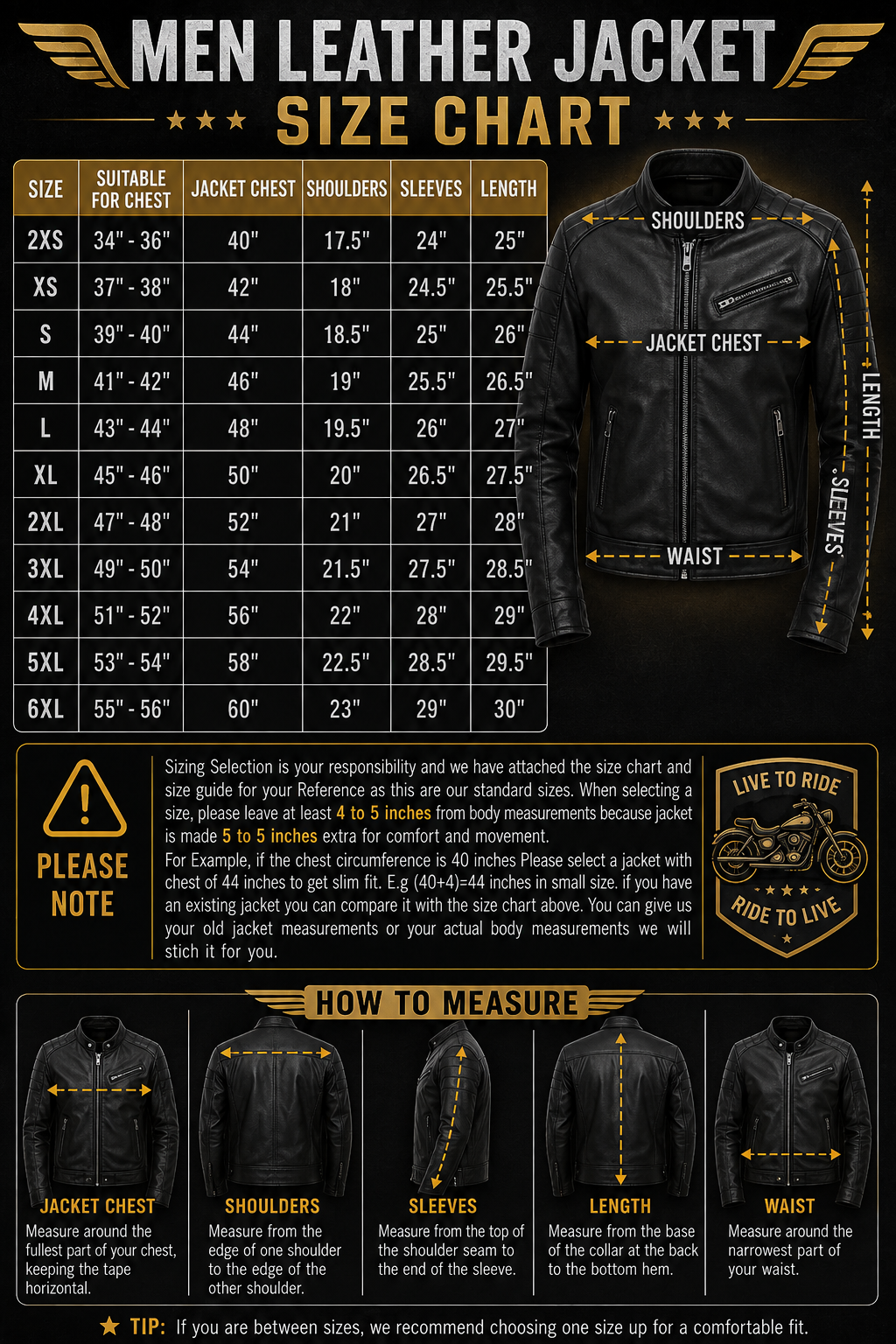 A size chart graphic for a men's leather jacket, showing a size table from 2XS to 6XL with chest, jacket chest, shoulders, sleeves, and length measurements. The chart includes a black jacket illustration with yellow measurement lines and labels, plus sections on how to measure and a 'Live to Ride' badge.