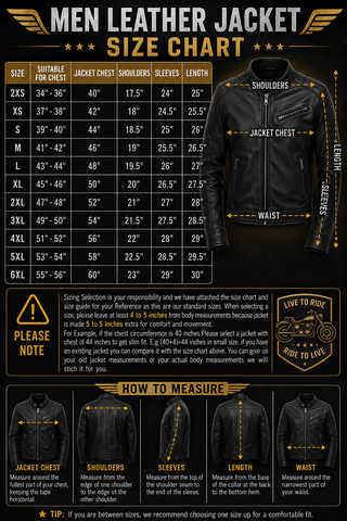 A size chart graphic for a men's leather jacket, showing a size table from 2XS to 6XL with chest, jacket chest, shoulders, sleeves, and length measurements. The chart includes a black jacket illustration with yellow measurement lines and labels, plus sections on how to measure and a 'Live to Ride' badge.