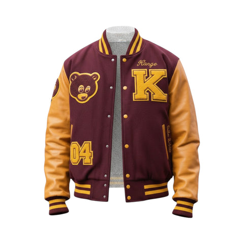 Maroon and gold varsity jacket with bear emblem and 'K' lettering on a white background