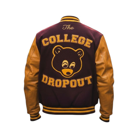 Varsity jacket with bear graphic and 'The College Dropout' text on a white background