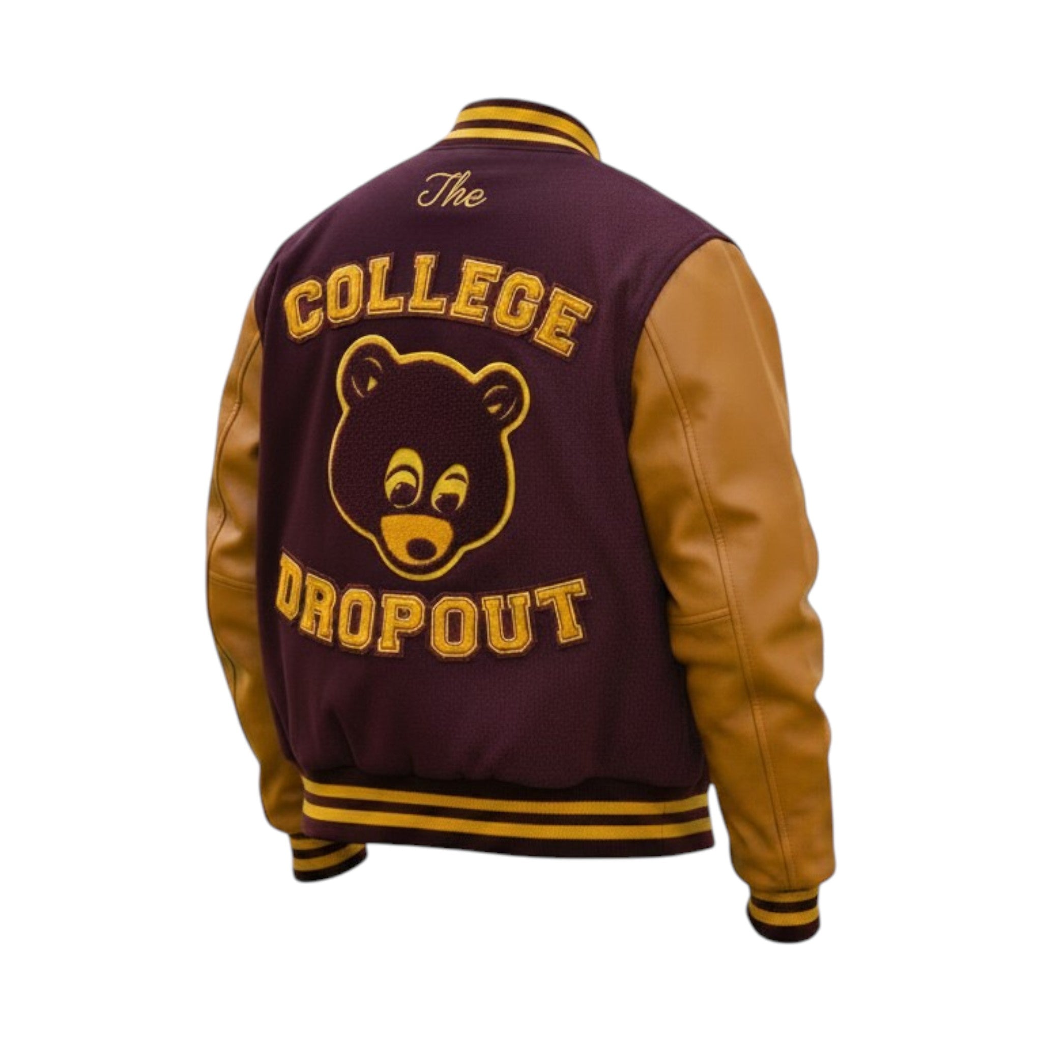 Varsity jacket with bear graphic and 'The College Dropout' text on a white background