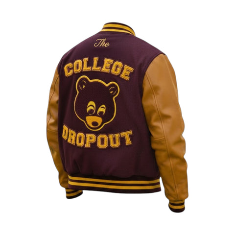 Varsity jacket with bear graphic and 'The College Dropout' text on a white background