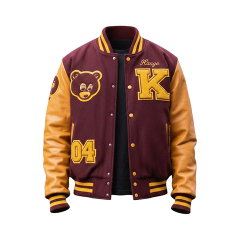 Maroon and gold varsity jacket with bear emblem and letter 'K'