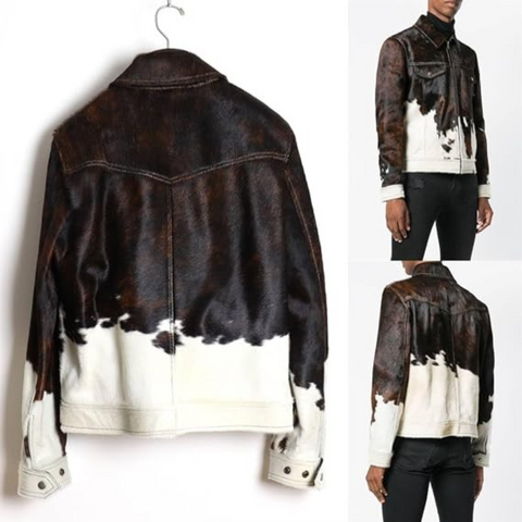 A cow-print leather jacket shown from the back on a hanger, with two smaller side views on the right showing a model wearing it. The jacket features a dark brown and off-white cowhide pattern with a solid off-white lower section.