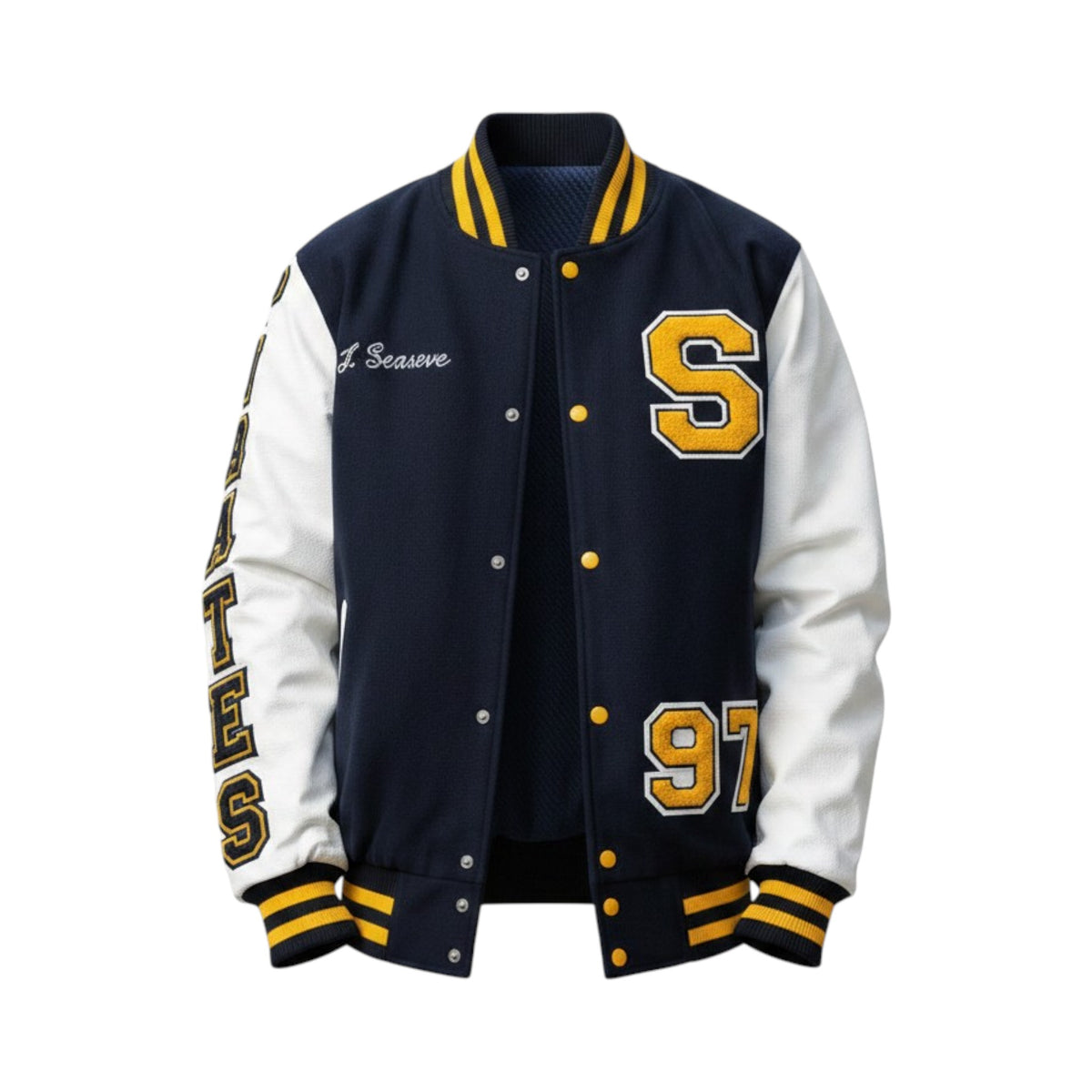 Navy and white varsity jacket with yellow accents on a white background