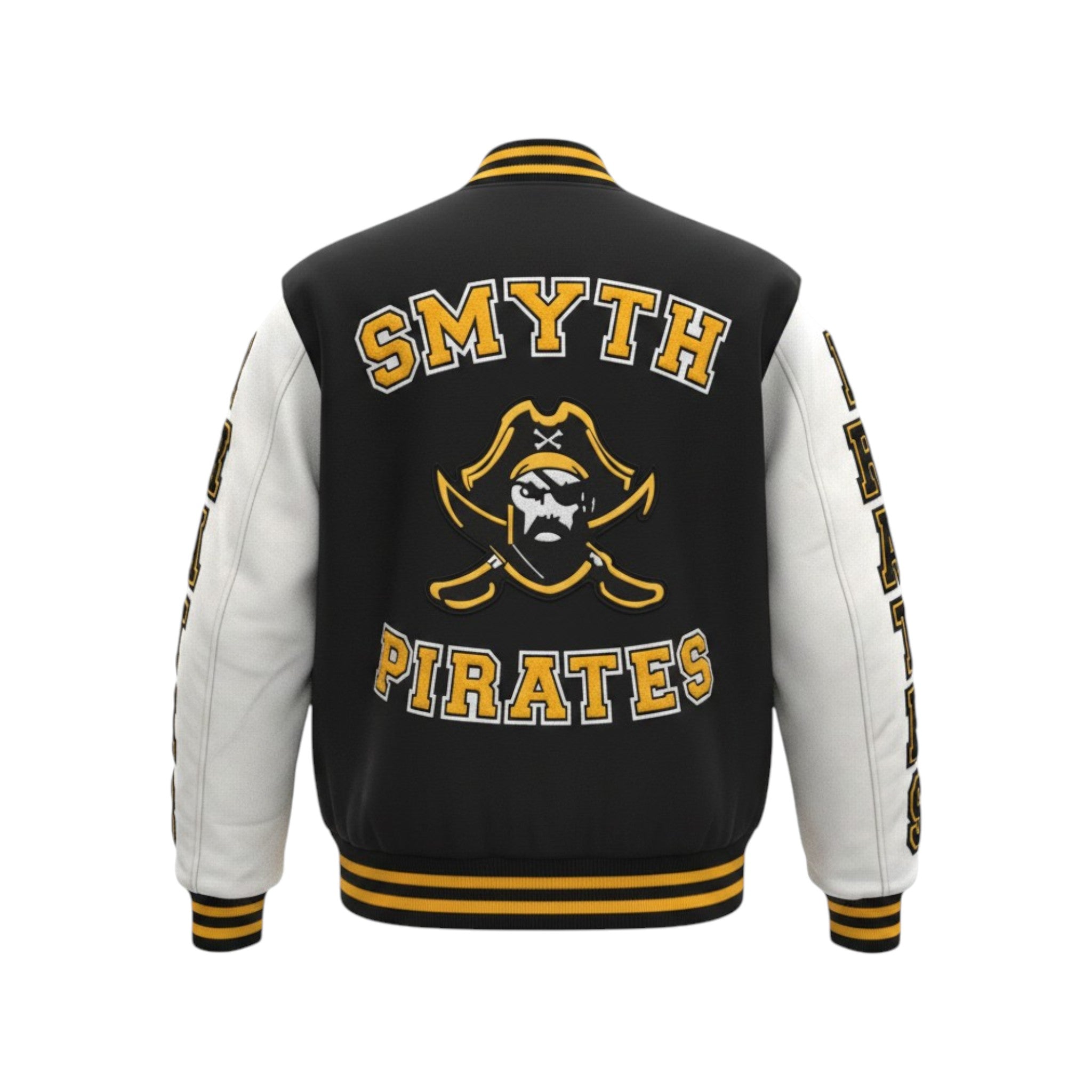 Black and white varsity jacket with 'Smyth Pirates' text and logo on a white background