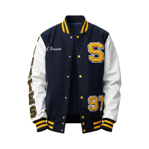 Navy and white varsity jacket with yellow accents on a white background