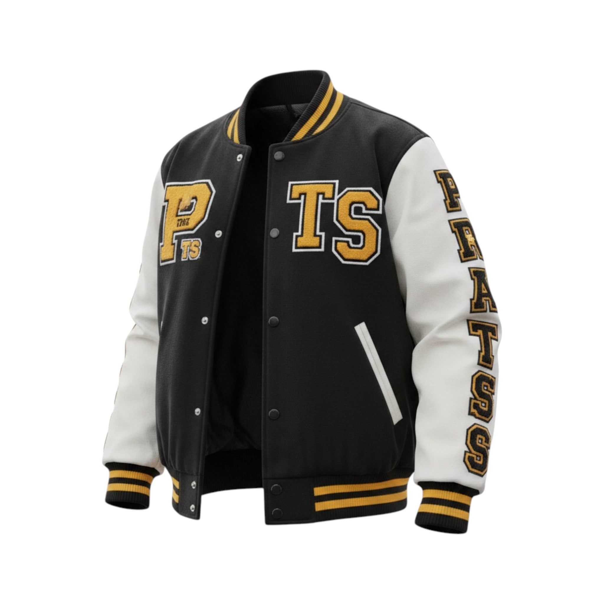 Black and white varsity jacket with gold lettering on a white background