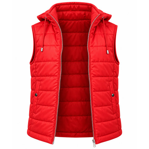 A bright red sleeveless puffer vest with a hood, front zipper, and snap-button pockets, shown on a plain white background.