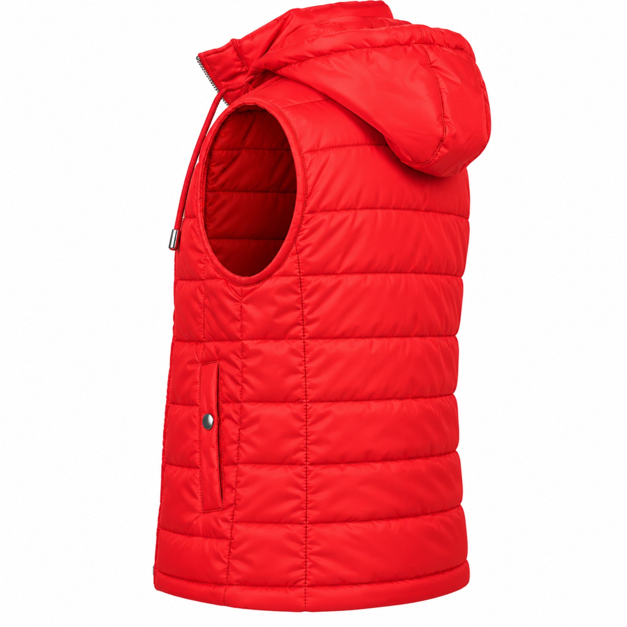 A bright red sleeveless puffer vest with a hood, shown from a three-quarter side view on a plain white background.