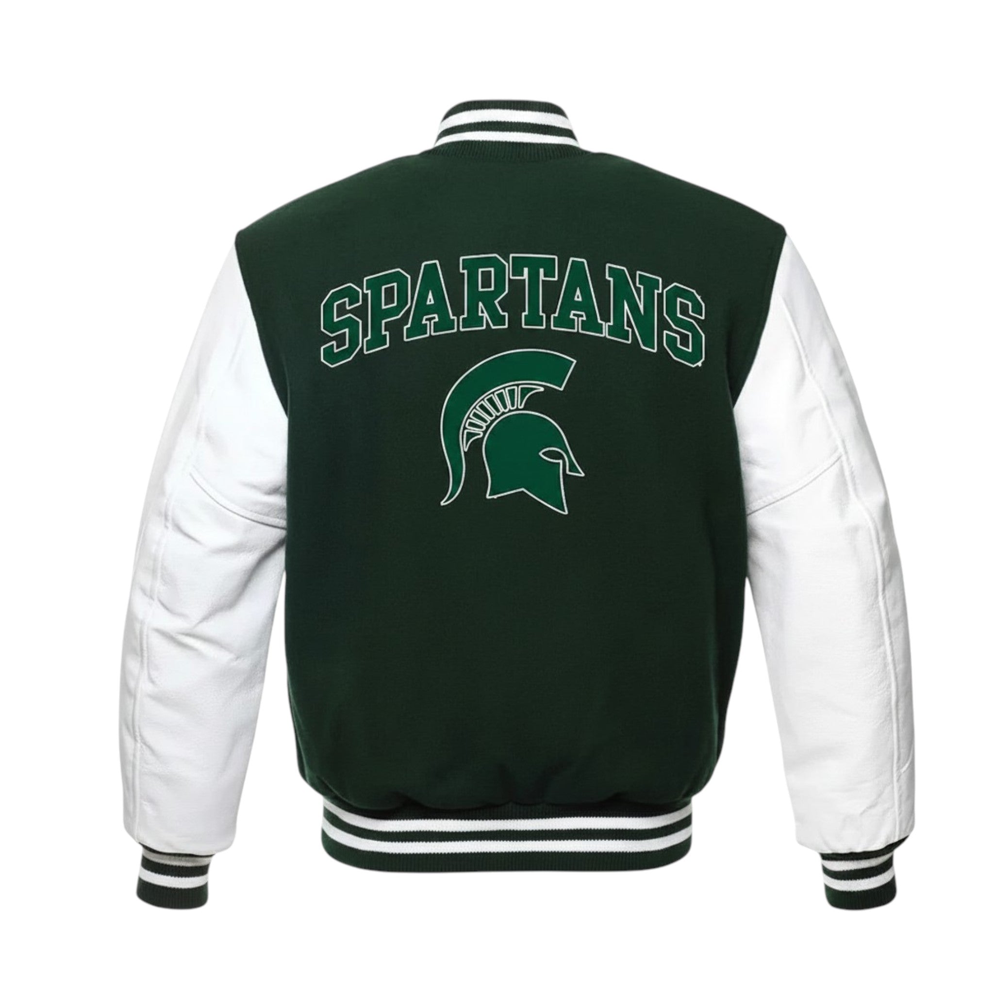 Green and white varsity jacket with 'Spartans' text and logo on a white background
