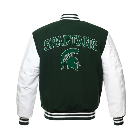 Green and white varsity jacket with 'Spartans' text and logo on a white background