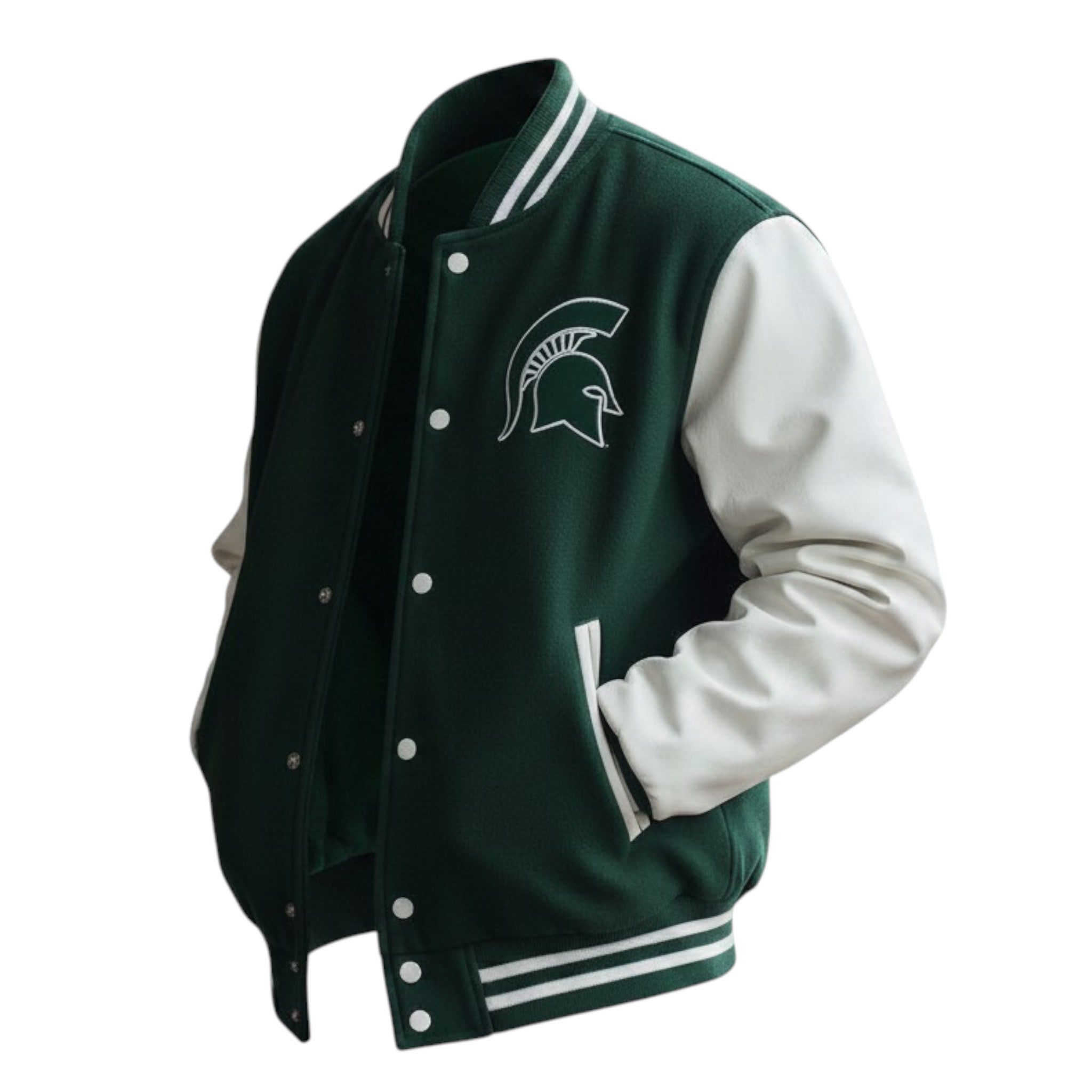 Green and white varsity jacket with a logo on a white background
