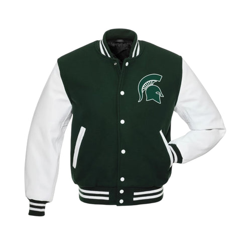 Green and white varsity jacket with a logo on a white background