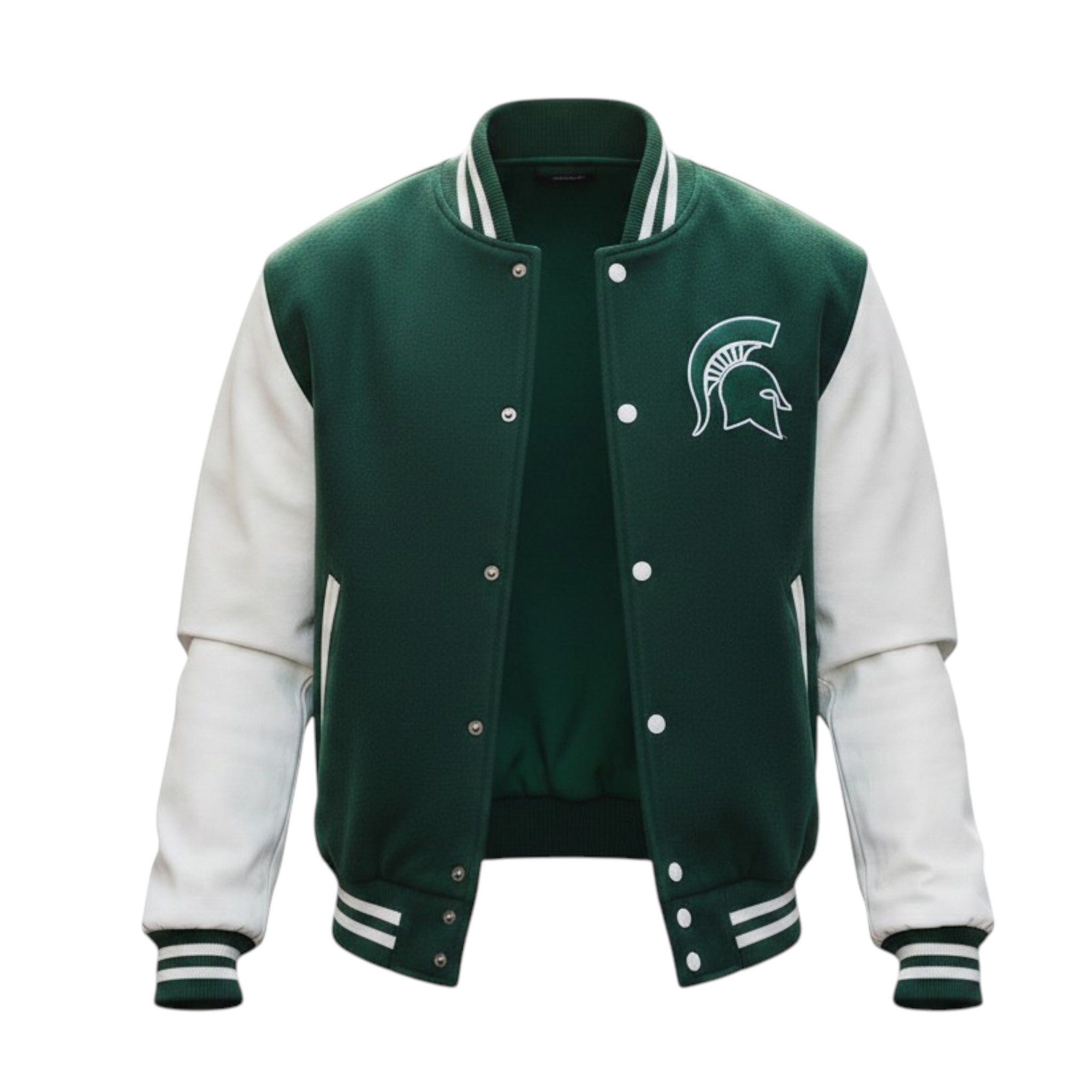 Green and white varsity jacket with a logo on a white background