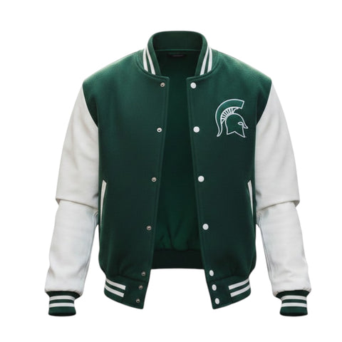 Green and white varsity jacket with a logo on a white background