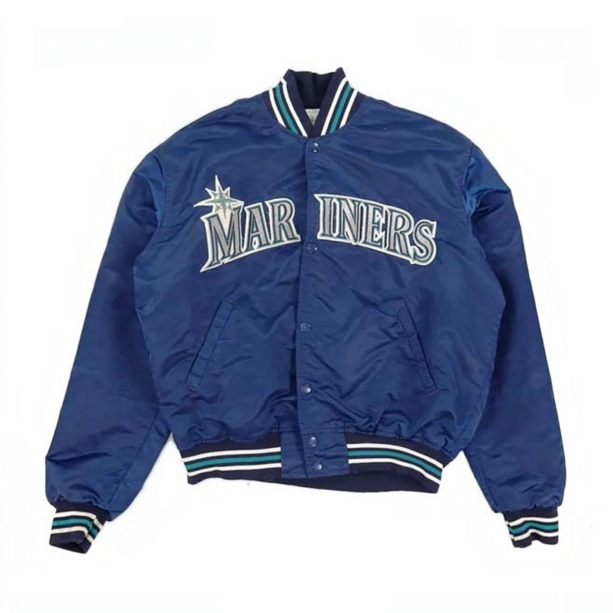 A blue satin varsity jacket featuring 'MARINERS' and a star logo embroidered on the chest, with striped ribbed collar, cuffs, and hem.