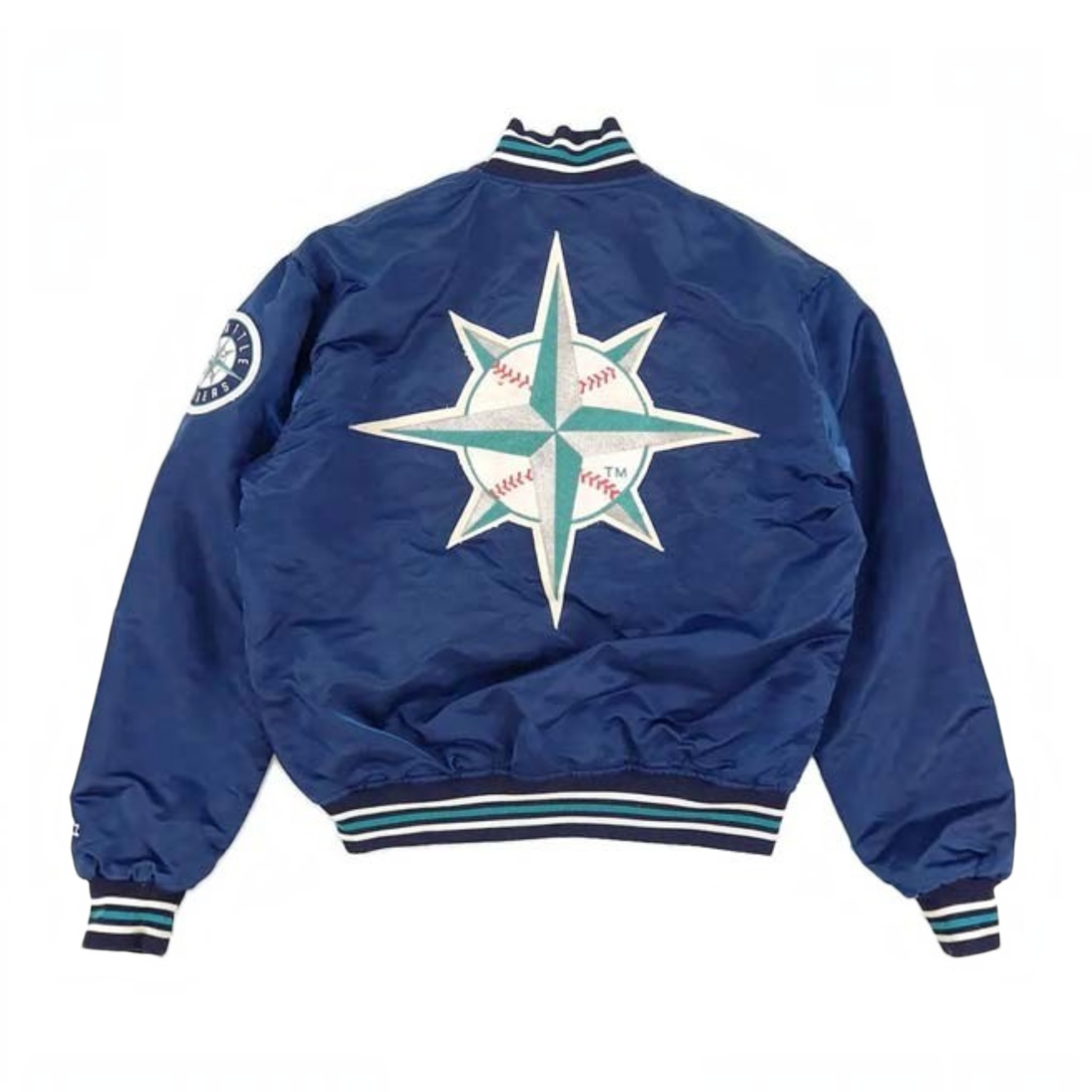 A navy blue satin bomber jacket shown from the back, featuring a large Seattle Mariners baseball-themed compass star logo on the back in teal, white, and red, with striped ribbed collar, cuffs, and hem.