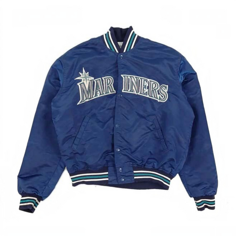 A blue satin varsity jacket featuring 'MARINERS' and a star logo embroidered on the chest, with striped ribbed collar, cuffs, and hem.