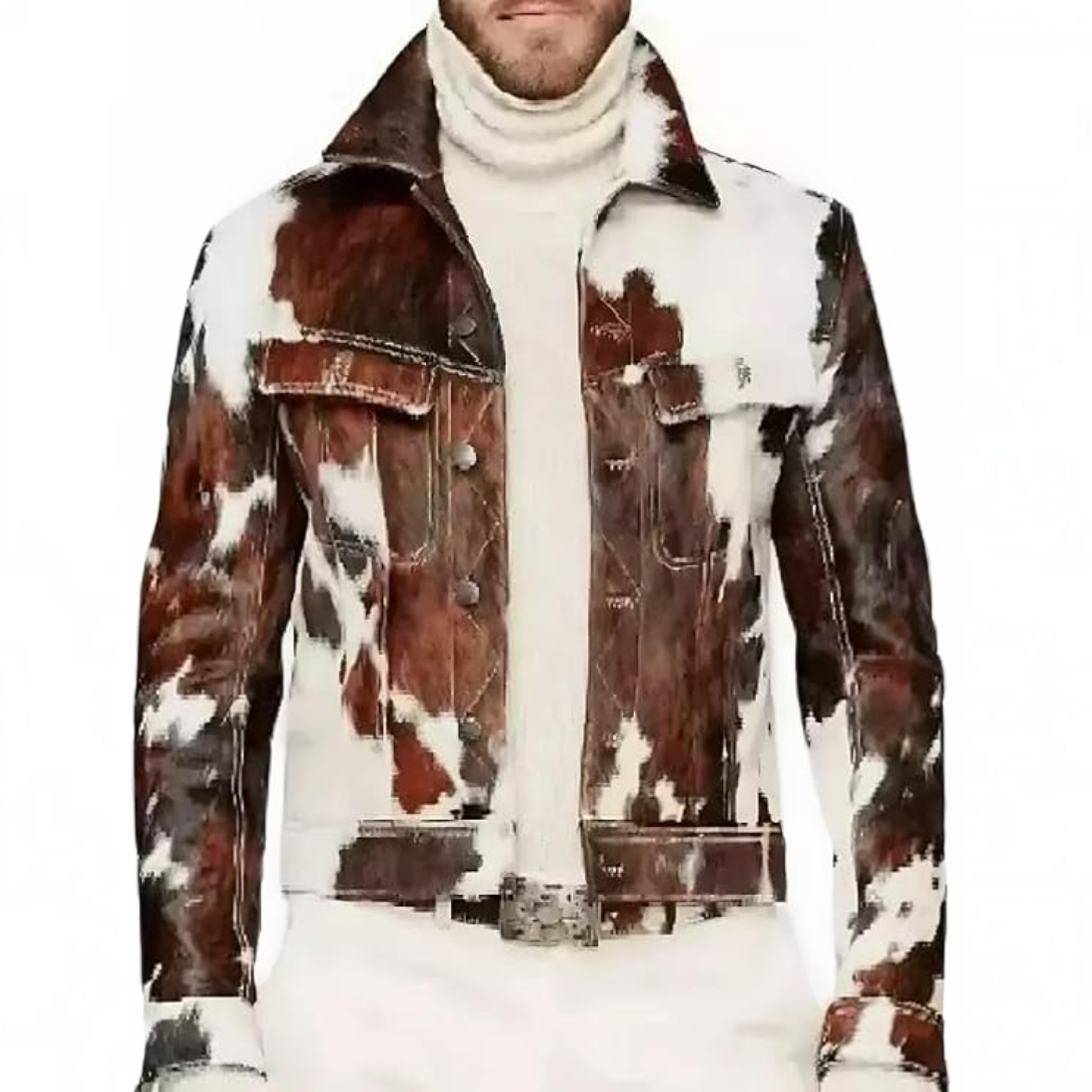 A woman modeling a black and white cow-print fringed jacket with a black cowboy hat and black faux-leather pants, set against a plain white background.