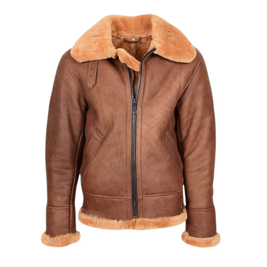 Men’s Brown B3 Shearling Sheepskin Flying Aviator Leather Jacket Coat