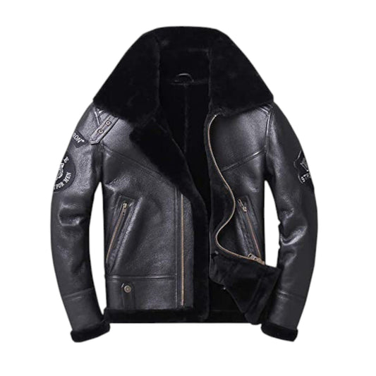 Men’s Black Shearling Aviator Leather Jacket Winter Biker Pilot Coat