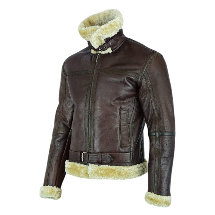 Men’s Brown Shearling Aviator Winter Leather Bomber Jacket
