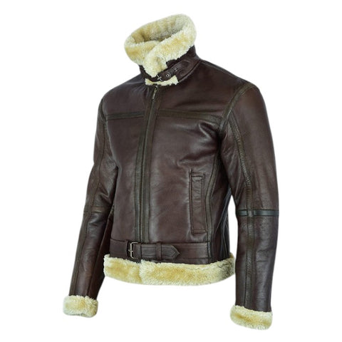 Men’s Brown Shearling Aviator Winter Leather Bomber Jacket