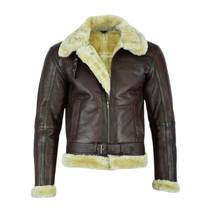 Men’s Brown Shearling Aviator Winter Leather Bomber Jacket