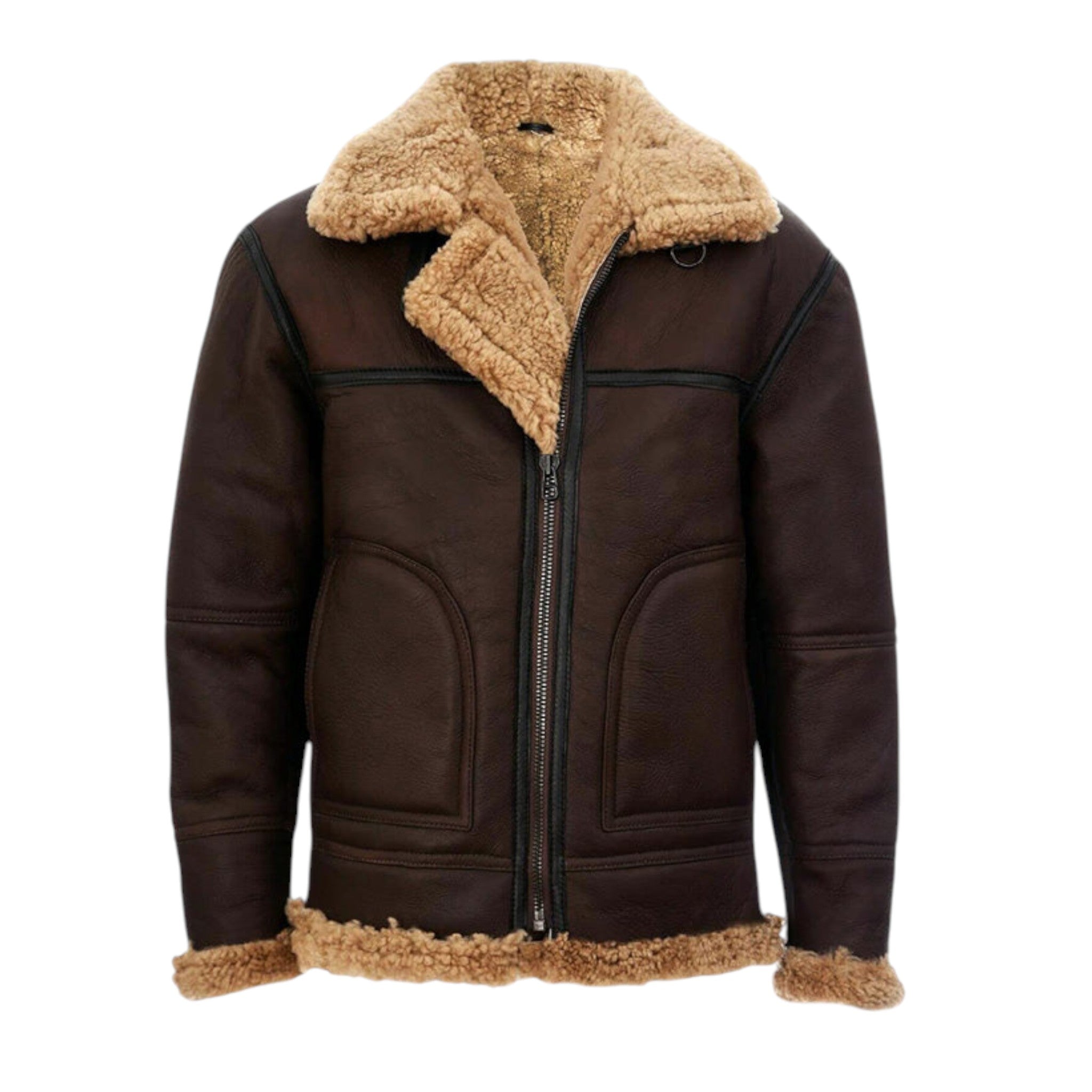 Brown leather jacket with beige fur collar and trim on a white background