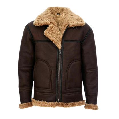 Brown leather jacket with beige fur collar and trim on a white background