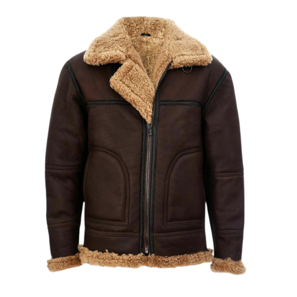 Brown leather jacket with beige fur collar and trim on a white background